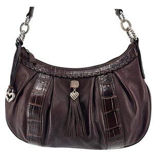 BRIGHTON Croco Embossed and Brown Pebble Leather Shoulder Bag Silver Hardware